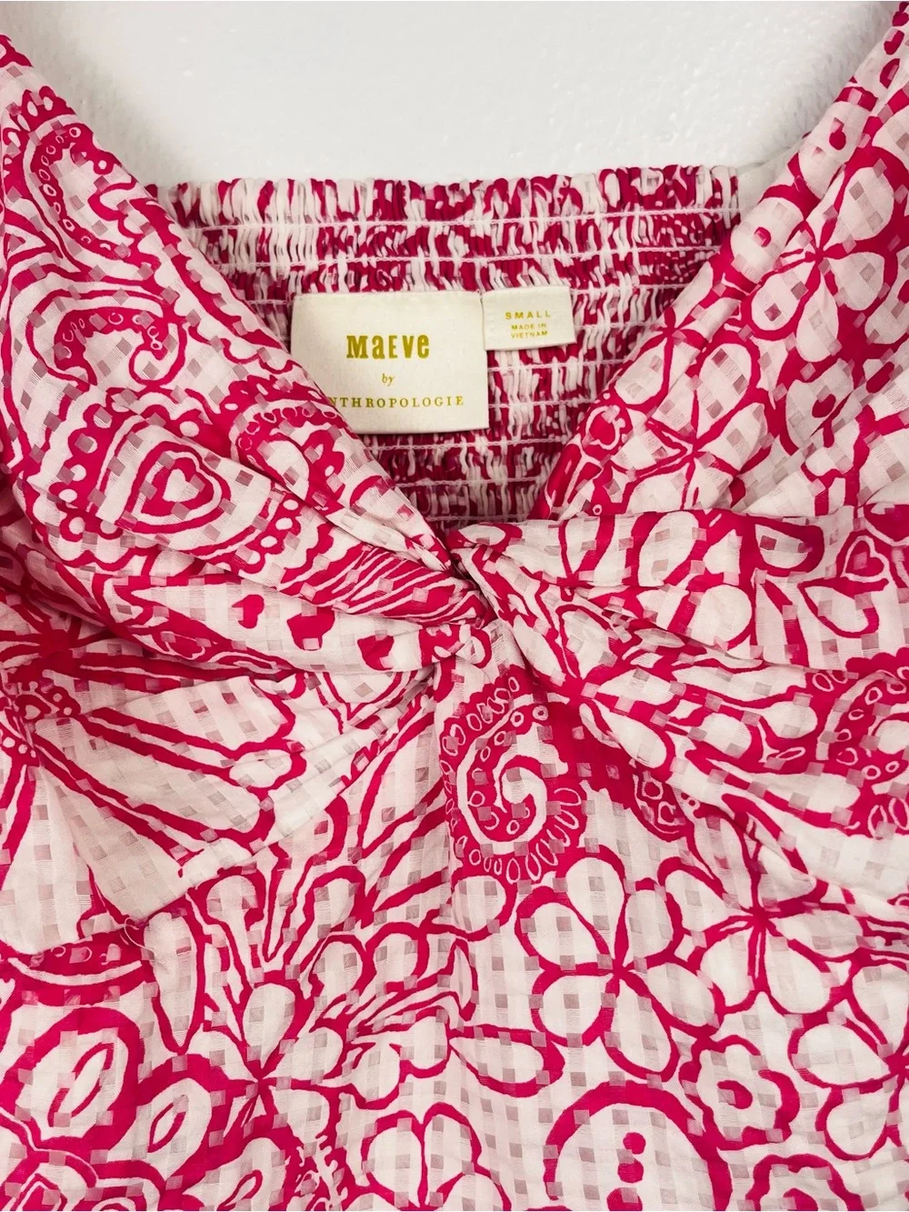 Anthropologie Maeve Pink & White Floral Puff-Sleeve Tie-Back Crop Blouse Top